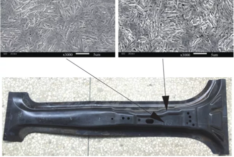 B柱熱沖壓樣件及關(guān)鍵區(qū)域的馬氏體組織形貌